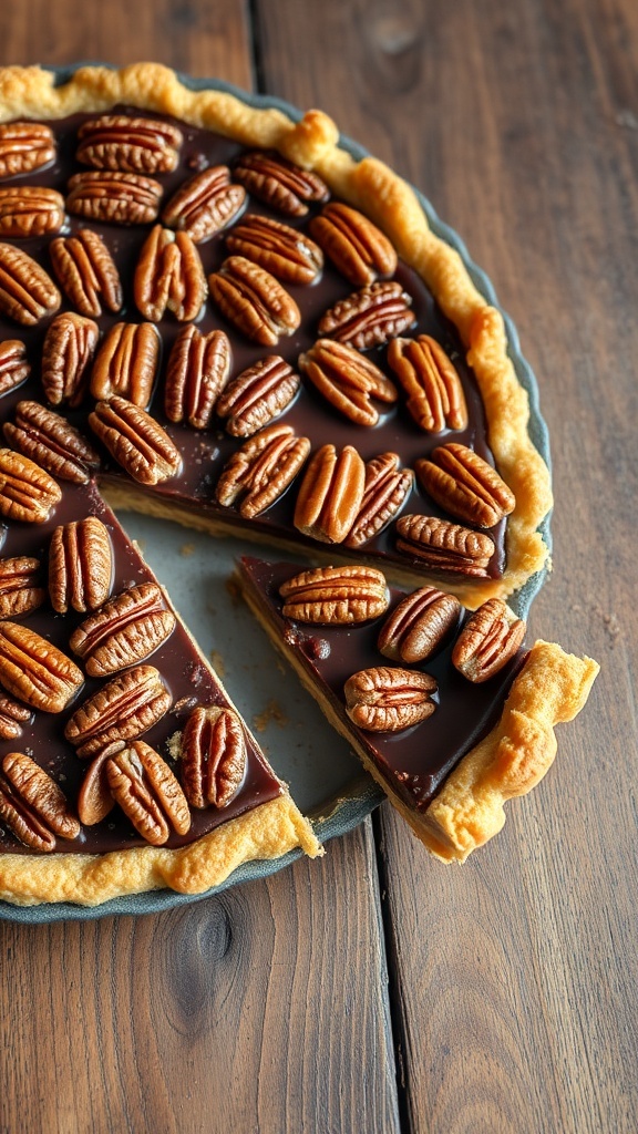 Pecan Crust Recipe A golden-brown pecan crust in a tart pan, filled with chocolate and garnished with pecans.